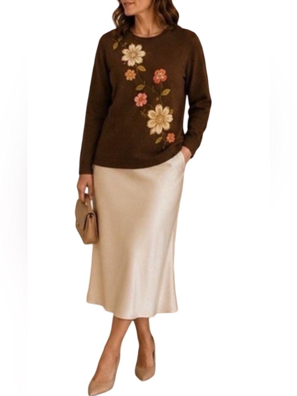 Alfred Dunner Sweater XL Brown Floral Applique Shoulder Pads Embroidered Vintage